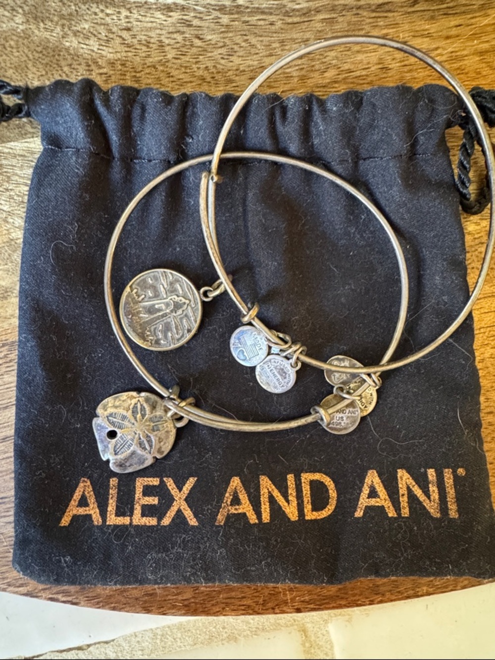 Alex and Ani Silver Charm Bangle Set with Sand Dollar and Lighthouse
